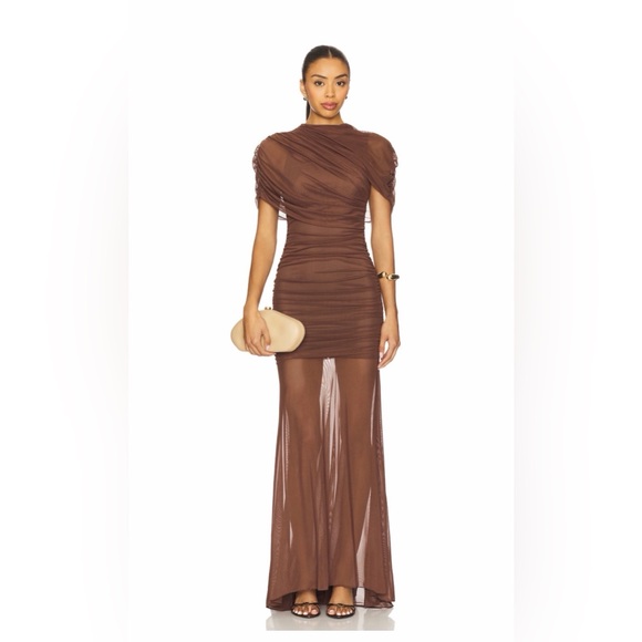 Amanda Uprichard Dresses & Skirts - Revolve x Amanda Uprichard - Brown Mesh Ruched Maxi Dress